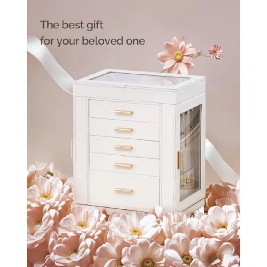 Jewelry Box 360° Rotating 6-Tier Organizer Open Design Large Vertical Jewelry Display Storage Case with Glass Window Gift for W