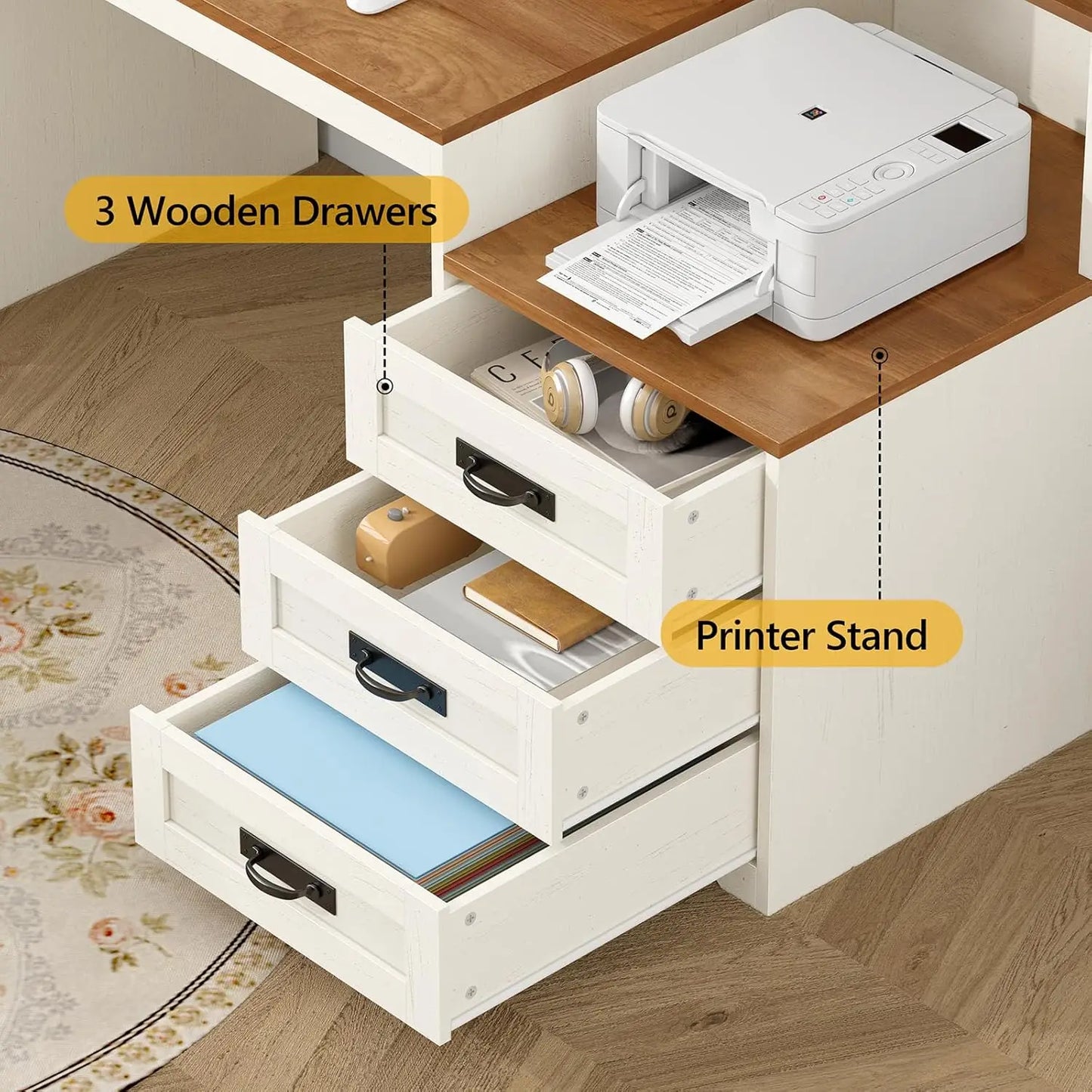 Farmhouse Computer Desk with Drawers, 65'' Home Office Desk with Power Outlets, Storage Cabinet and Printer Stand,, Customized