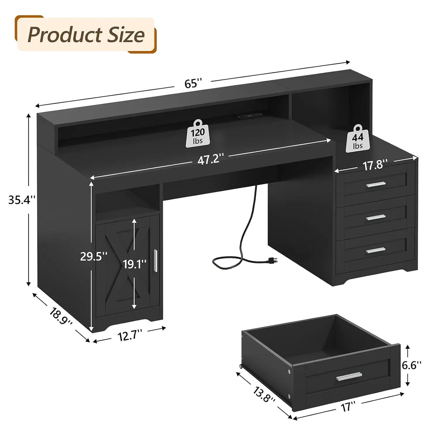 Farmhouse Computer Desk with Drawers, 65'' Home Office Desk with Power Outlets, Storage Cabinet and Printer Stand,, Customized