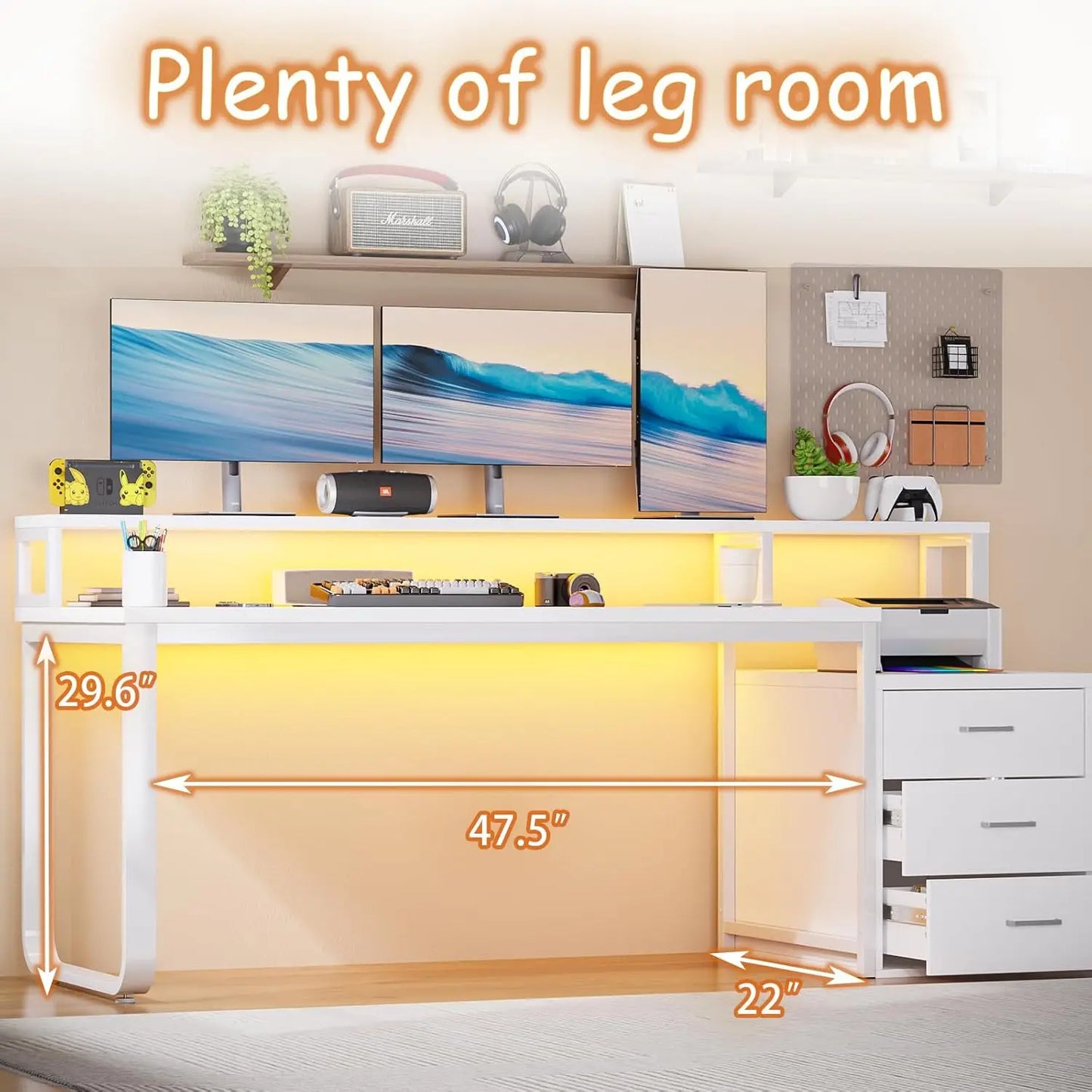 67” White Desk with 3 Drawers and Storage, Reversible White Office Desk Computer Desk w/ Monitor Stand, USA