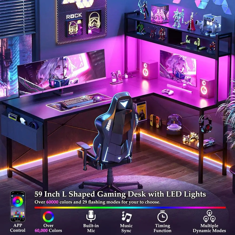 59 L Shaped Computer Desk with LED Light & Power Outlet, Reversible Home Office Desk Gamer Desks with Shelves & Storage Bag & Ho