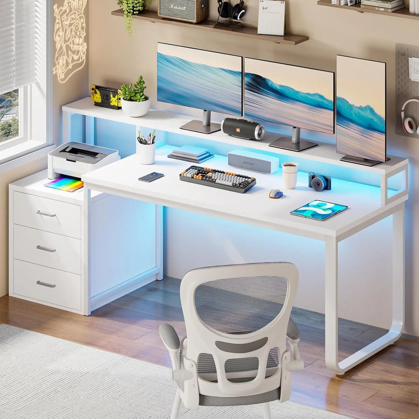 67” White Desk with 3 Drawers and Storage, Reversible White Office Desk Computer Desk w/ Monitor Stand, USA