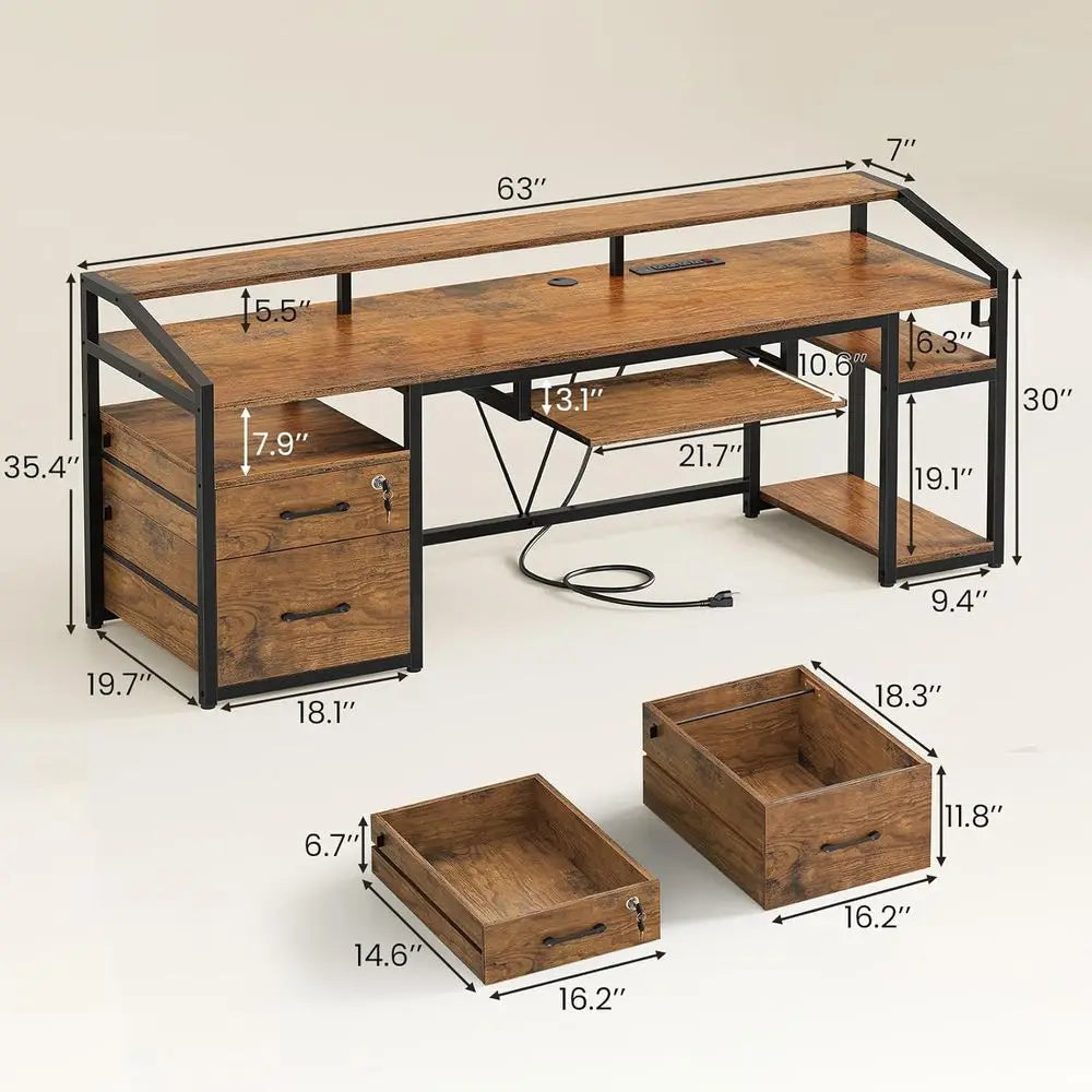 Rustic Brown 63 Office Desk with Lockable File Drawers, LED Lighting & Power Outlet for Home and Gaming