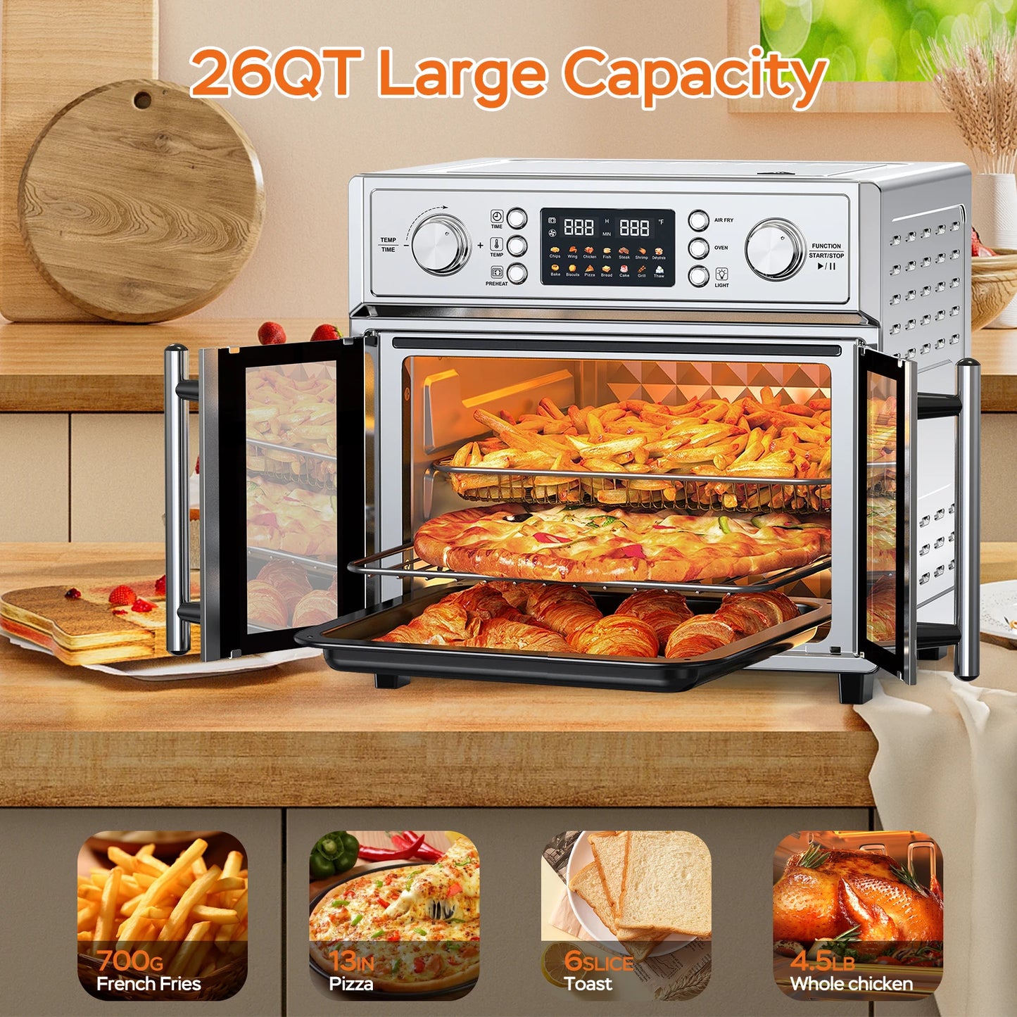 29.5QT 7-in-1 Air Fryer Toaster Oven, 14 Presets, 1700W Stainless Steel with 360° Hot Air, Interior Light, Easy-Clean Tray
