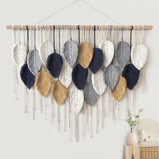 Large Macrame Wall Hanging, Boho Handmade Leaf Feather Bohemian Woven Tapestry, Chic Wall Art Home Decor for Bedroom Living Room