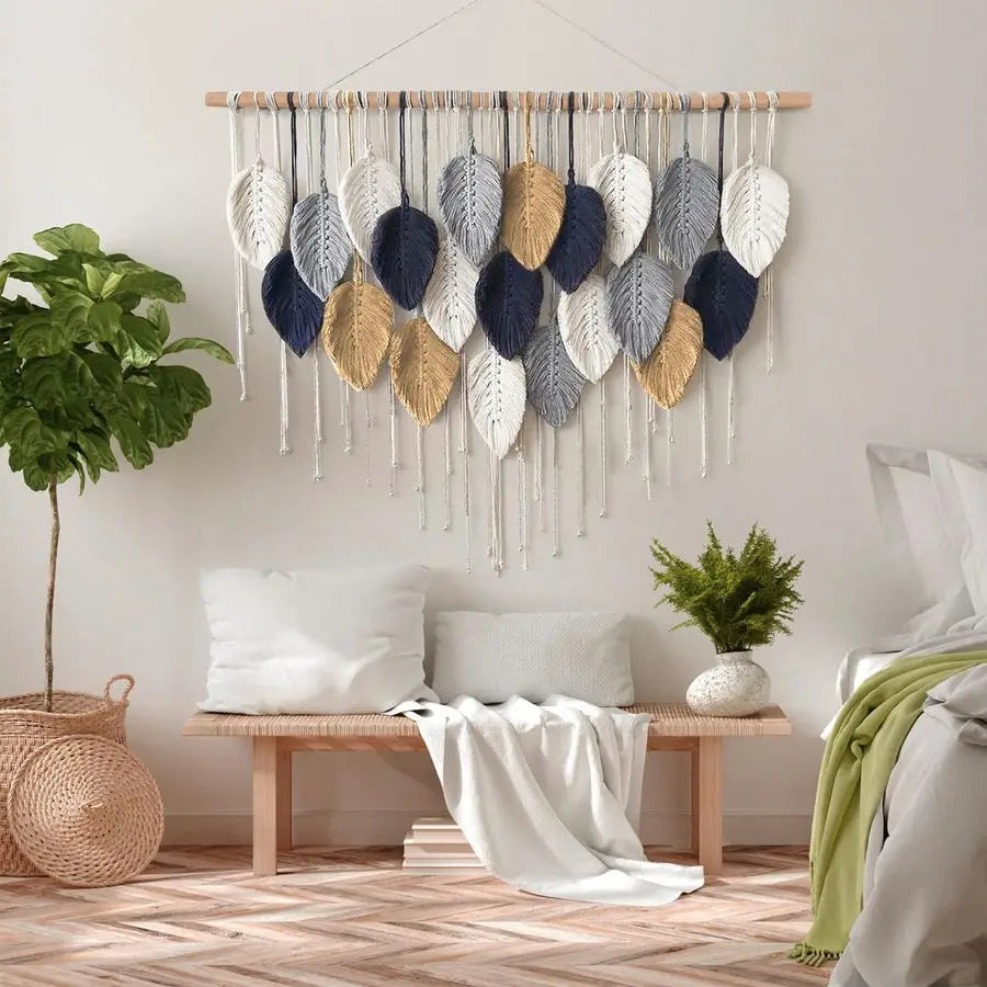 Large Macrame Wall Hanging, Boho Handmade Leaf Feather Bohemian Woven Tapestry, Chic Wall Art Home Decor for Bedroom Living Room