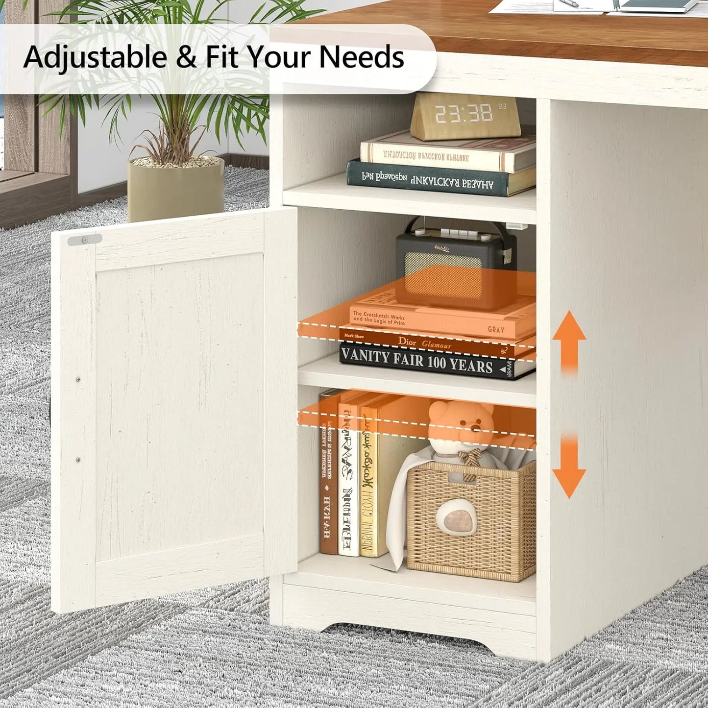 Farmhouse Computer Desk with Drawers, 65'' Home Office Desk with Power Outlets, Storage Cabinet and Printer Stand,, Customized