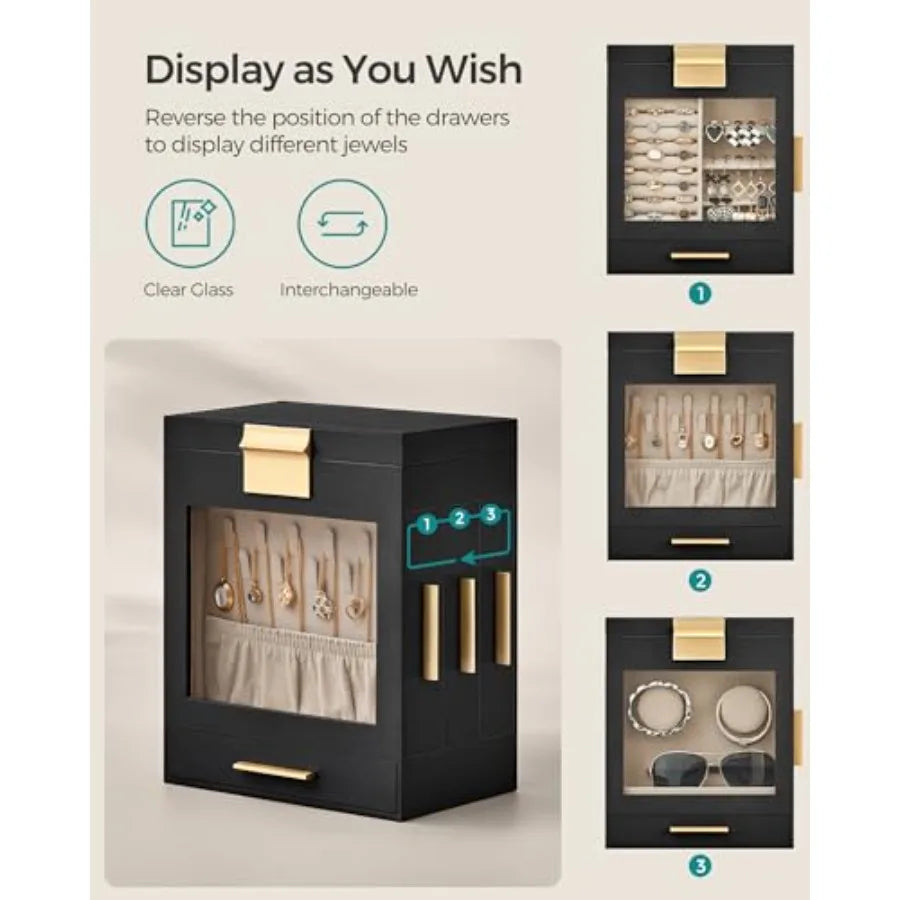 Jewelry Box with Glass Window 5-Layer Jewelry Organizer with 3 Side Drawers Jewelry Storage with Big Mirror Modern 5.1 x 7.9 x