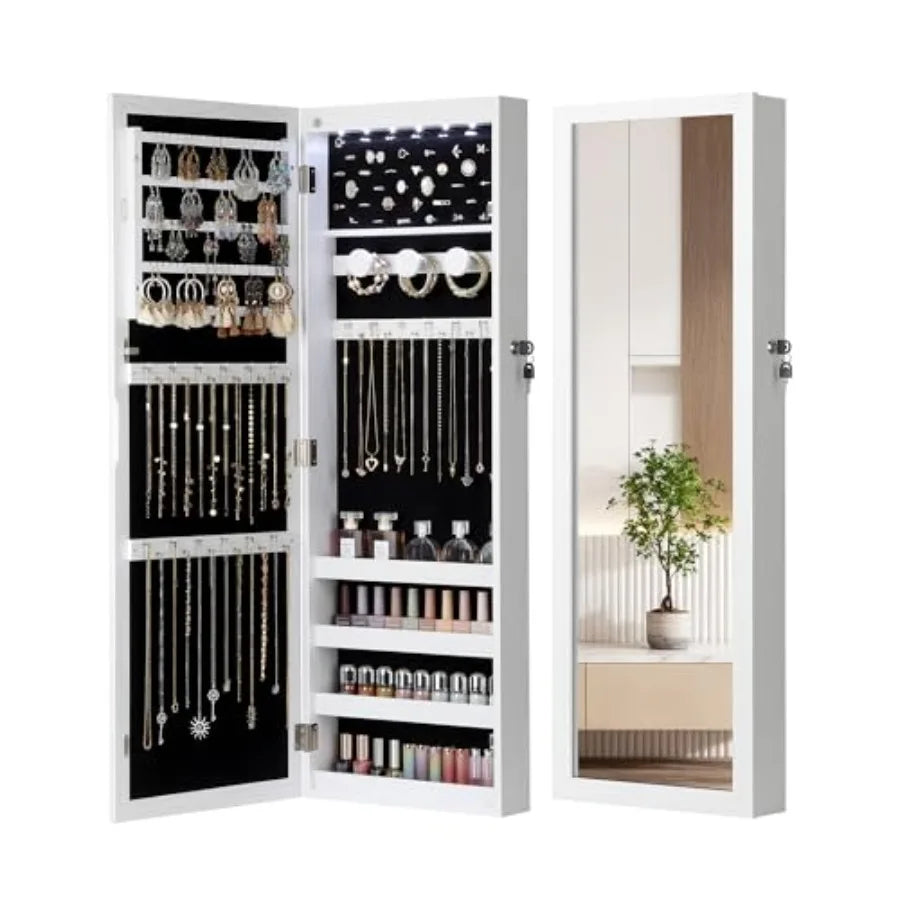 6 LEDs Mirror Jewelry Cabinet Large Capacity Lockable Jewelry Armoire Organizer Door or Wall Mounted Mirror with Jewelry Storag