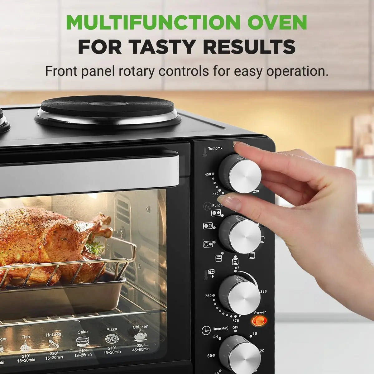 30 Qt Kitchen Convection Oven with 2 Burners, 1500W, 7 Functions, Includes Tray, Skewers, Handles