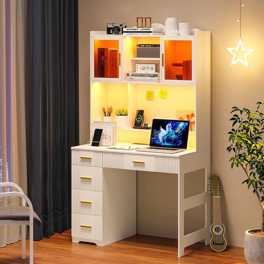 LED Study Desk with Hutch and Drawer, Home Office  with Outlet,Computer Desk with Charging Station,Writing for Bedroo,Customized