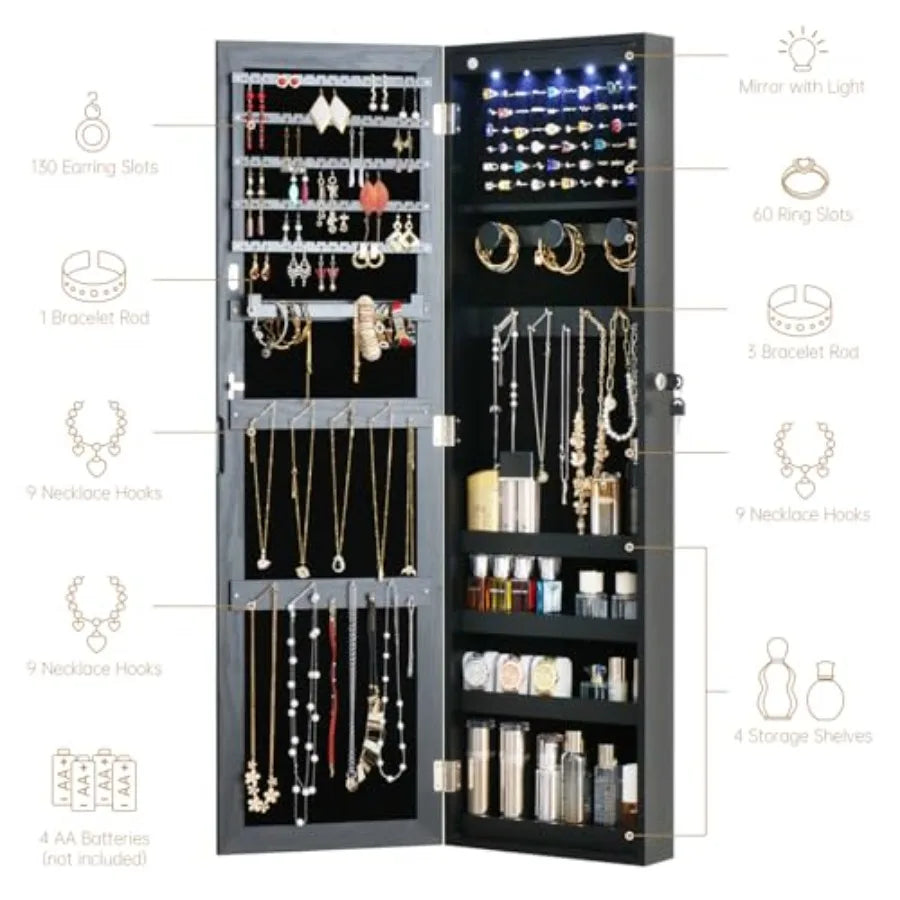 Full Length Mirror Jewelry Cabinet Organizer Lockable Door Wall-Mounted Jewelry Armoire with Shelves and Behind the Door Storag