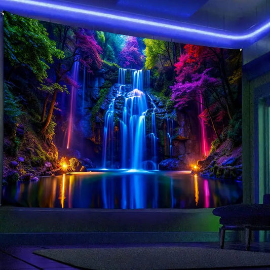 Blacklight Waterfall Tapestry UV Reactive Glow in the Dark Neon Forest Wall Hanging, Vibrant Nature Landscape Wonderland for Bed