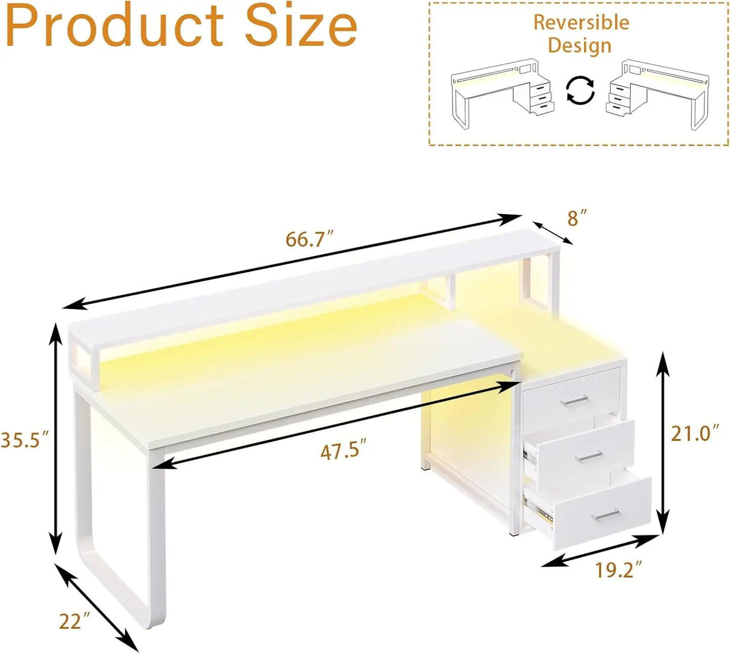 67” White Desk with 3 Drawers and Storage, Reversible White Office Desk Computer Desk w/ Monitor Stand, USA
