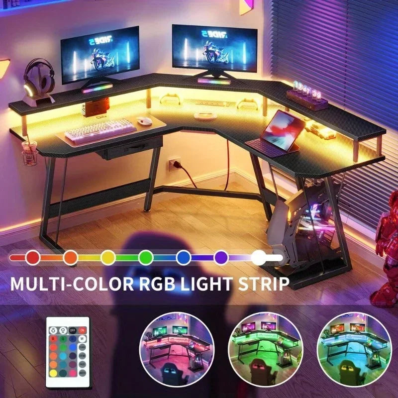 Gaming Desk Corner Table Computer Desk with RGB Light  Power Outlets