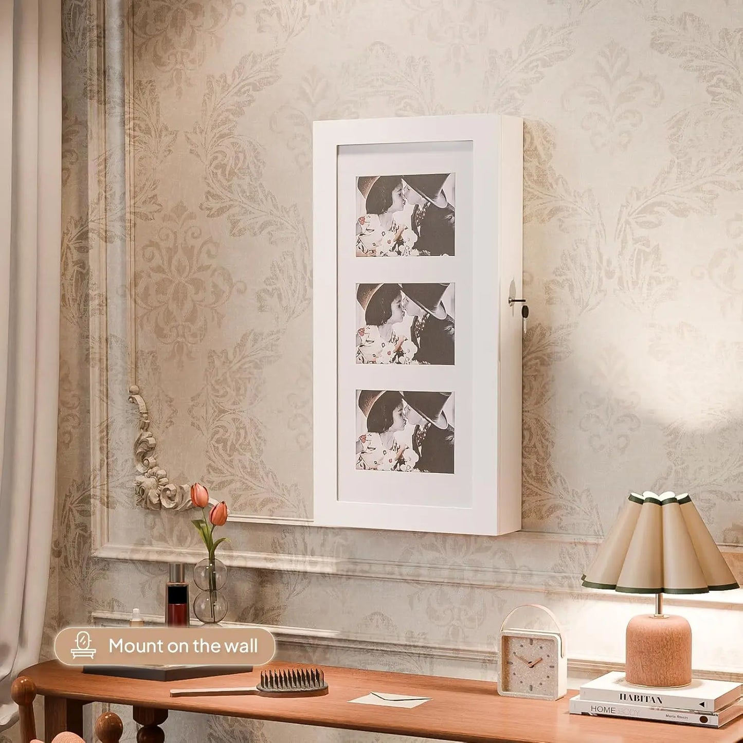 White Wall Mount Jewelry Cabinet with Photo Frame & Mirror, 24x12x4 Inch Storage Organizer for Women's Bedroom