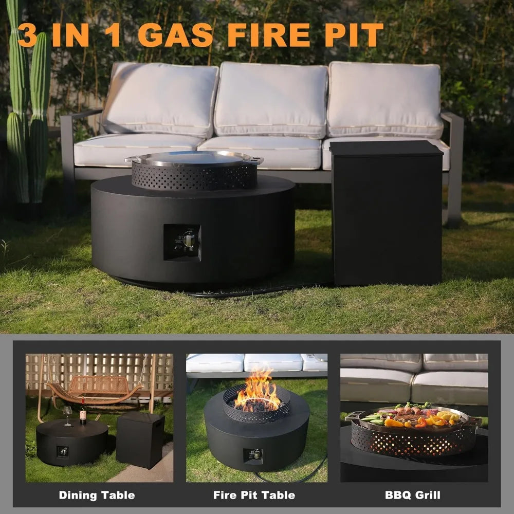 3-Piece Outdoor Fire Pit Table,32 Inch Propane Fire Table 65,000 BTU Black Round Gas Firepit,Baking Sheet, Wind Guard,Customized
