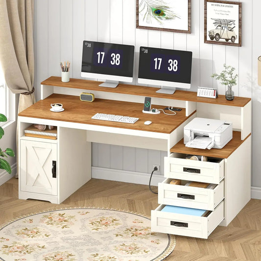 Farmhouse Computer Desk with Drawers, 65'' Home Office Desk with Power Outlets, Storage Cabinet and Printer Stand,, Customized