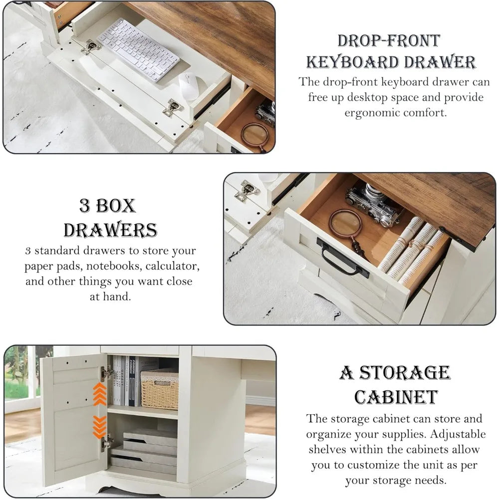 60" Farmhouse Desk with Hutch, Wood Home Office Executive Desk with Drawer, Charging Station, Keyboard Tray, File Drawer, Stora