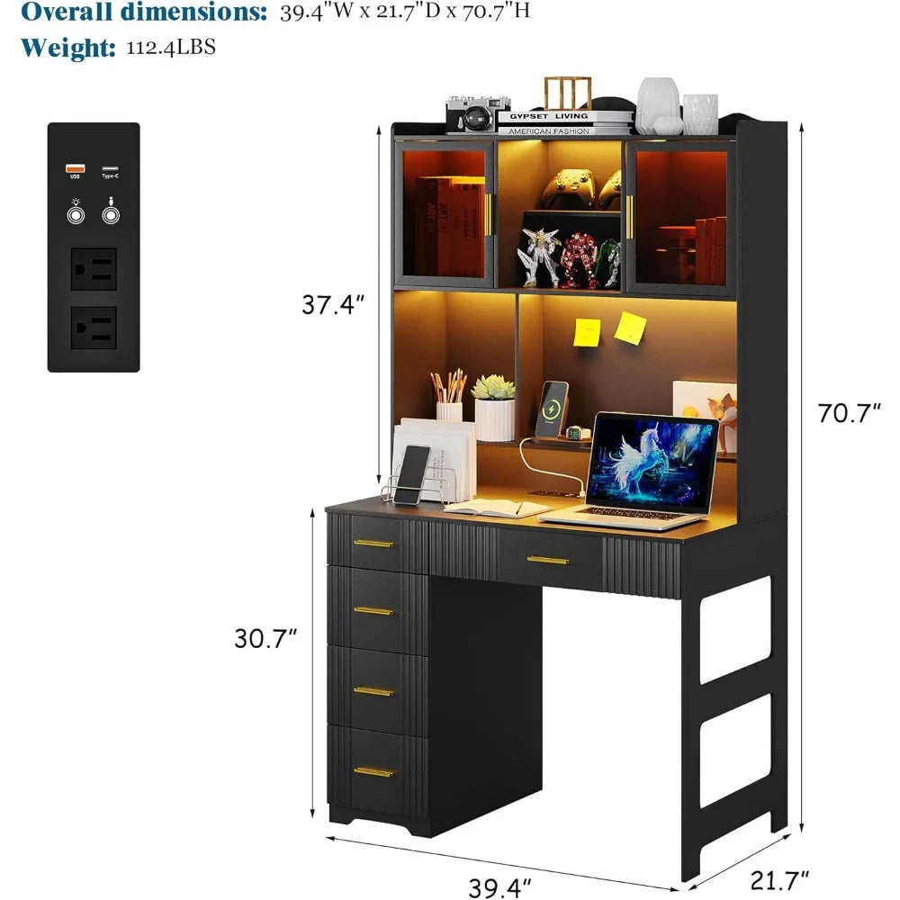 LED Study Desk with Hutch and Drawer, Home Office  with Outlet,Computer Desk with Charging Station,Writing for Bedroo,Customized