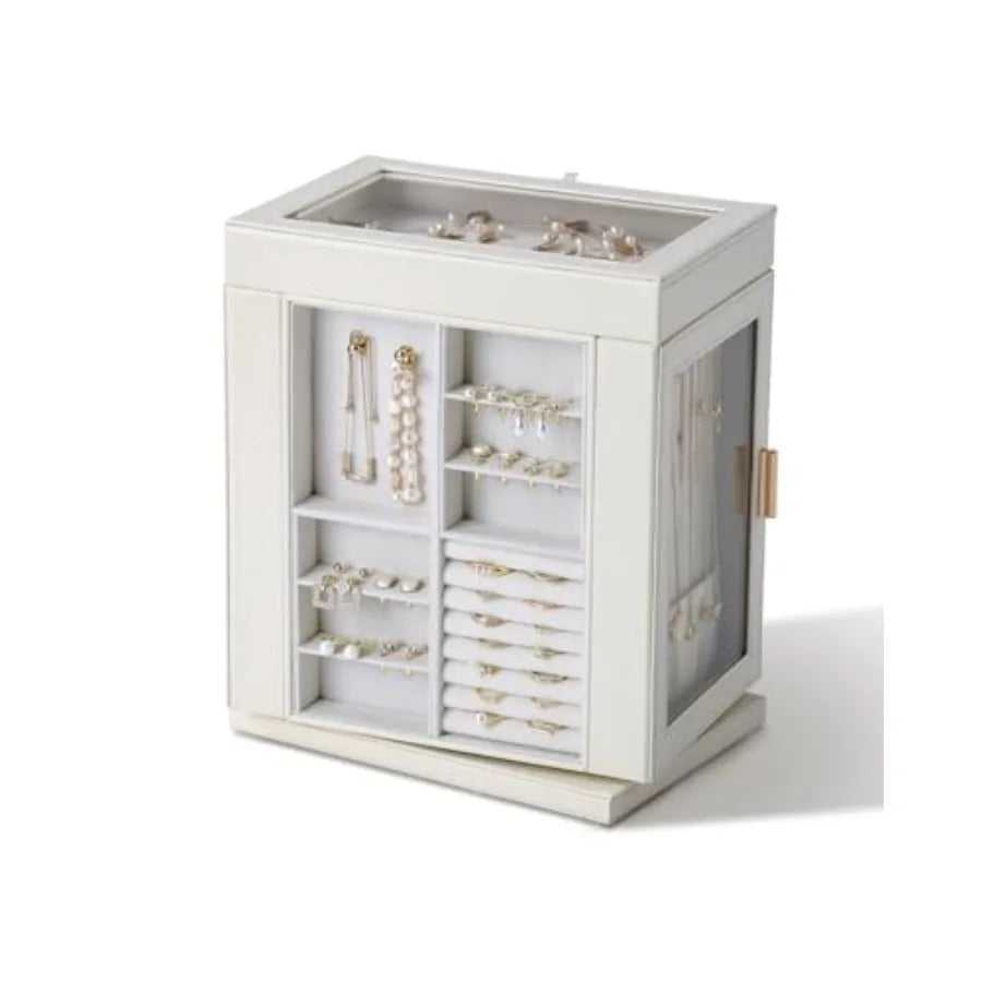 Jewelry Box 360° Rotating 6-Tier Organizer Open Design Large Vertical Jewelry Display Storage Case with Glass Window Gift for W